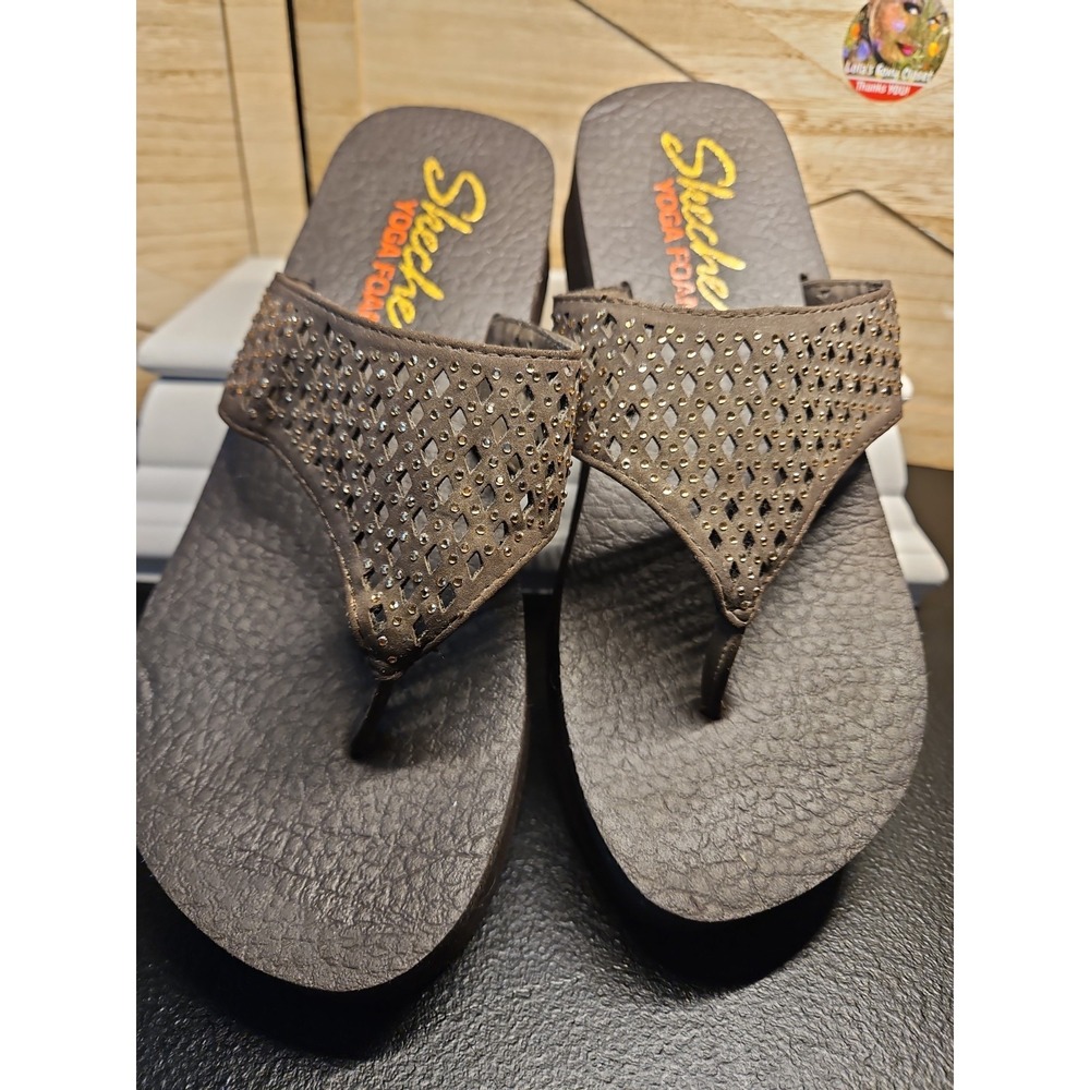 Skechers Cali Vinyasa Brown Wedge Thong Sandals Women 7 Glam Flip Flops #679